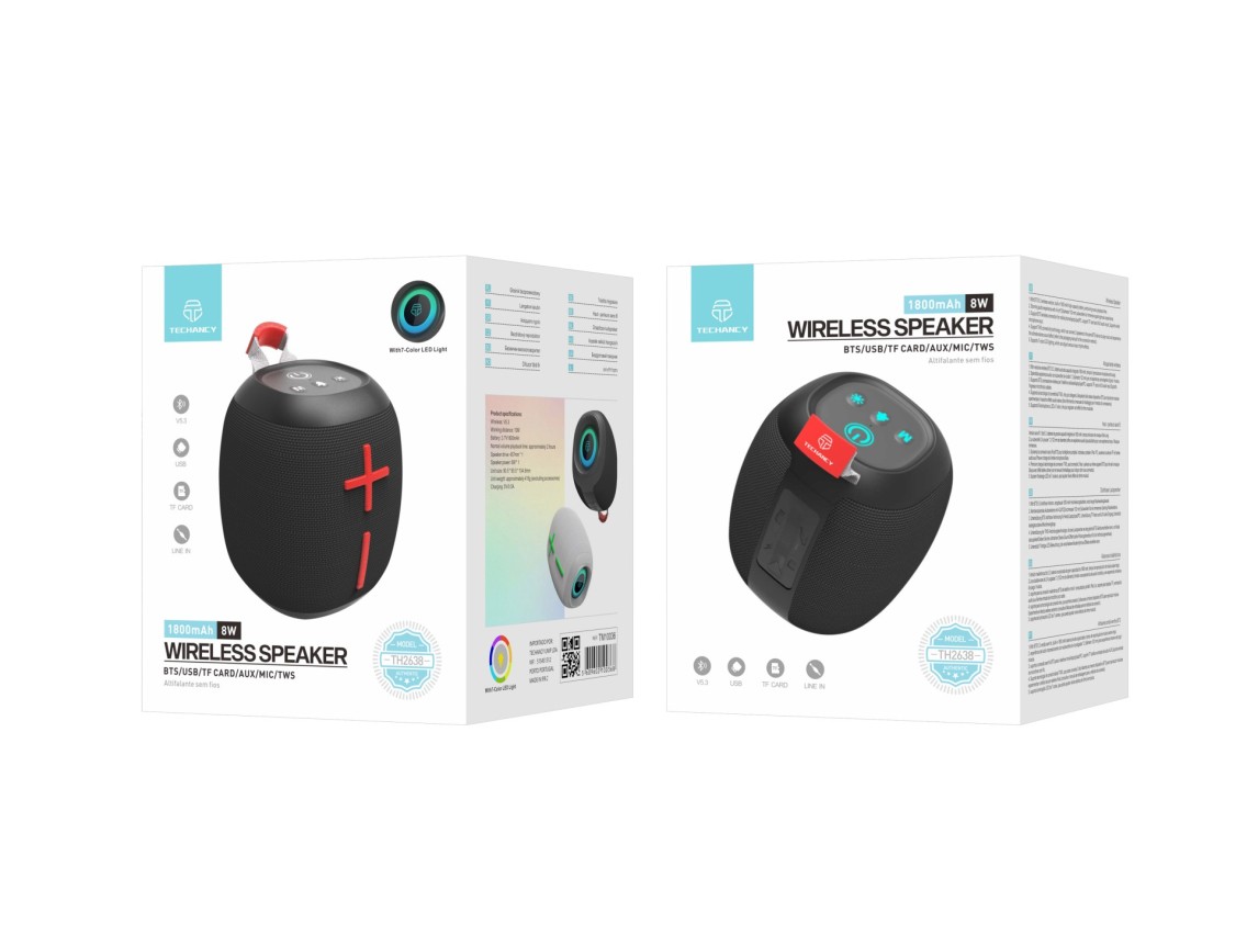 Techancy Altifalante Sem Fios Bluetooth Versão 5.3 TH2638, Suporte TWS/TF/AUX, Luz Ambiente Led Rgb
