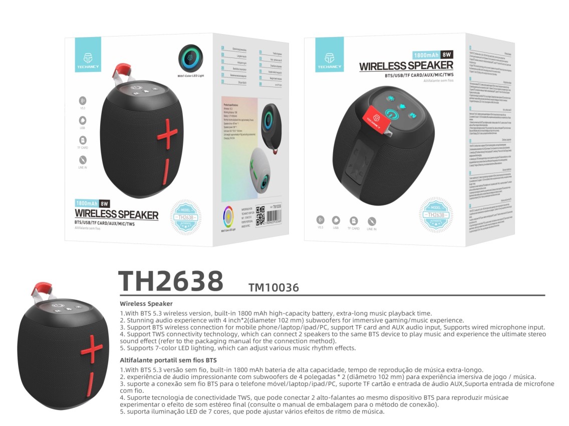 Techancy Altifalante Sem Fios Bluetooth Versão 5.3 TH2638, Suporte TWS/TF/AUX, Luz Ambiente Led Rgb