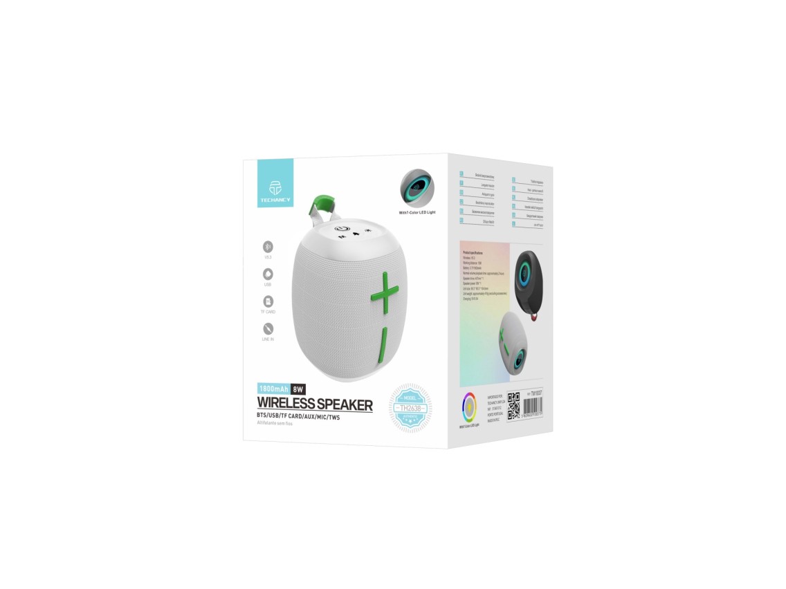 Techancy Altifalante Sem Fios Bluetooth Versão 5.3 TH2638, Suporte TWS/TF/AUX, Luz Ambiente Led Rgb