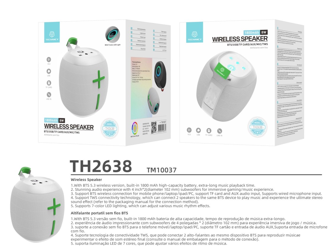 Techancy Altifalante Sem Fios Bluetooth Versão 5.3 TH2638, Suporte TWS/TF/AUX, Luz Ambiente Led Rgb