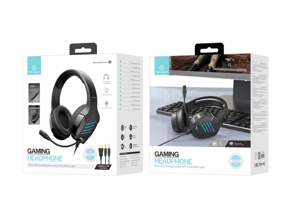 Techancy TH5230 Stereo Gaming Headphones, 3.5mm+USB Interface for PC, Soft Leather Covering, Plug an