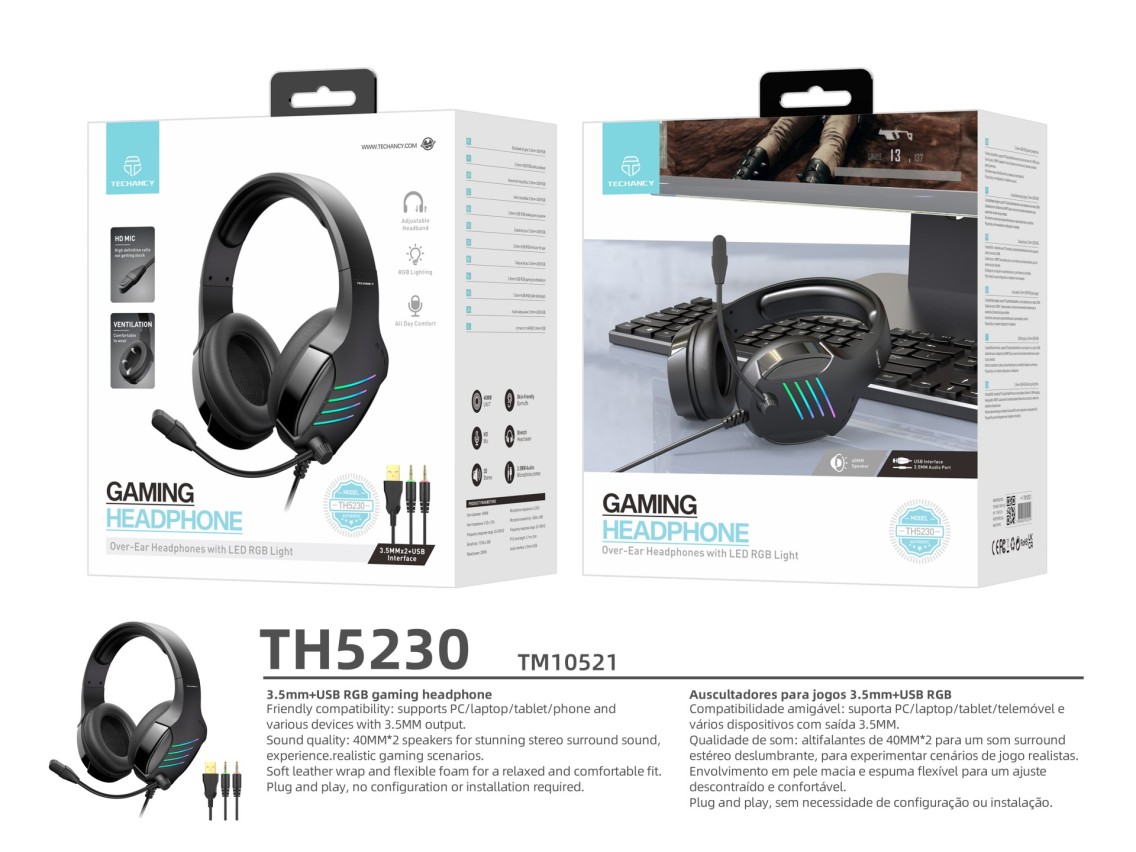 Techancy TH5230 Stereo Gaming Headphones, 3.5mm+USB Interface for PC, Soft Leather Covering, Plug an