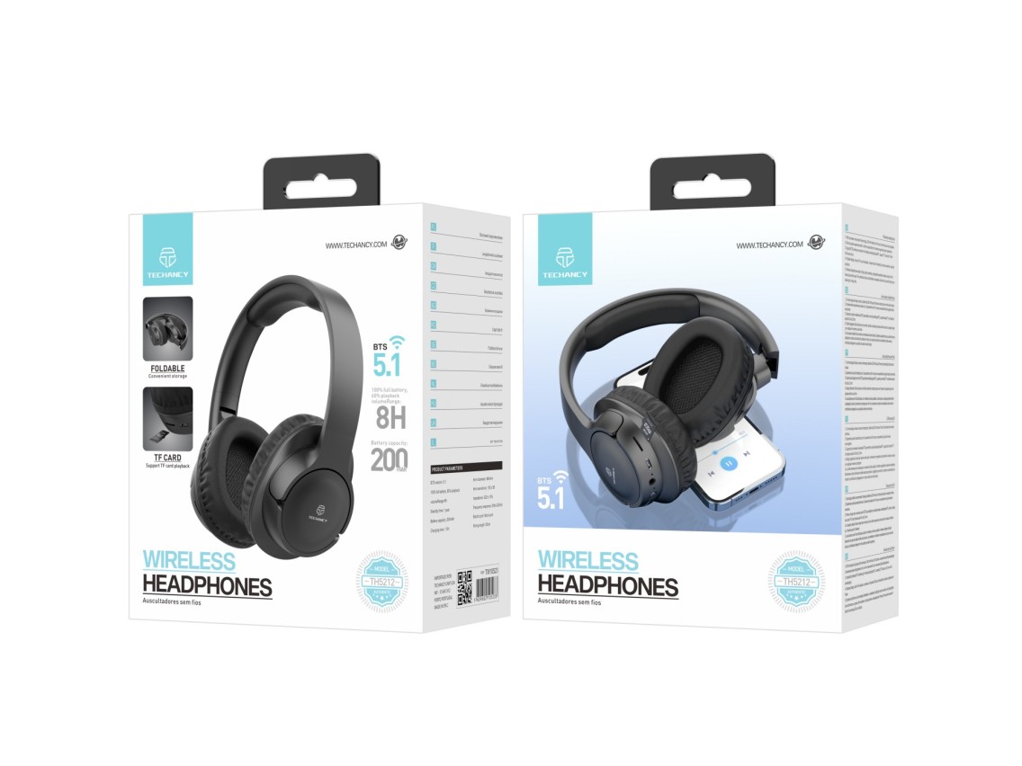 Techancy Auscultadores Sem Fios TH5212, Reprodução De Música 8h, Efeito Estéreo, Design Dobrável, Co