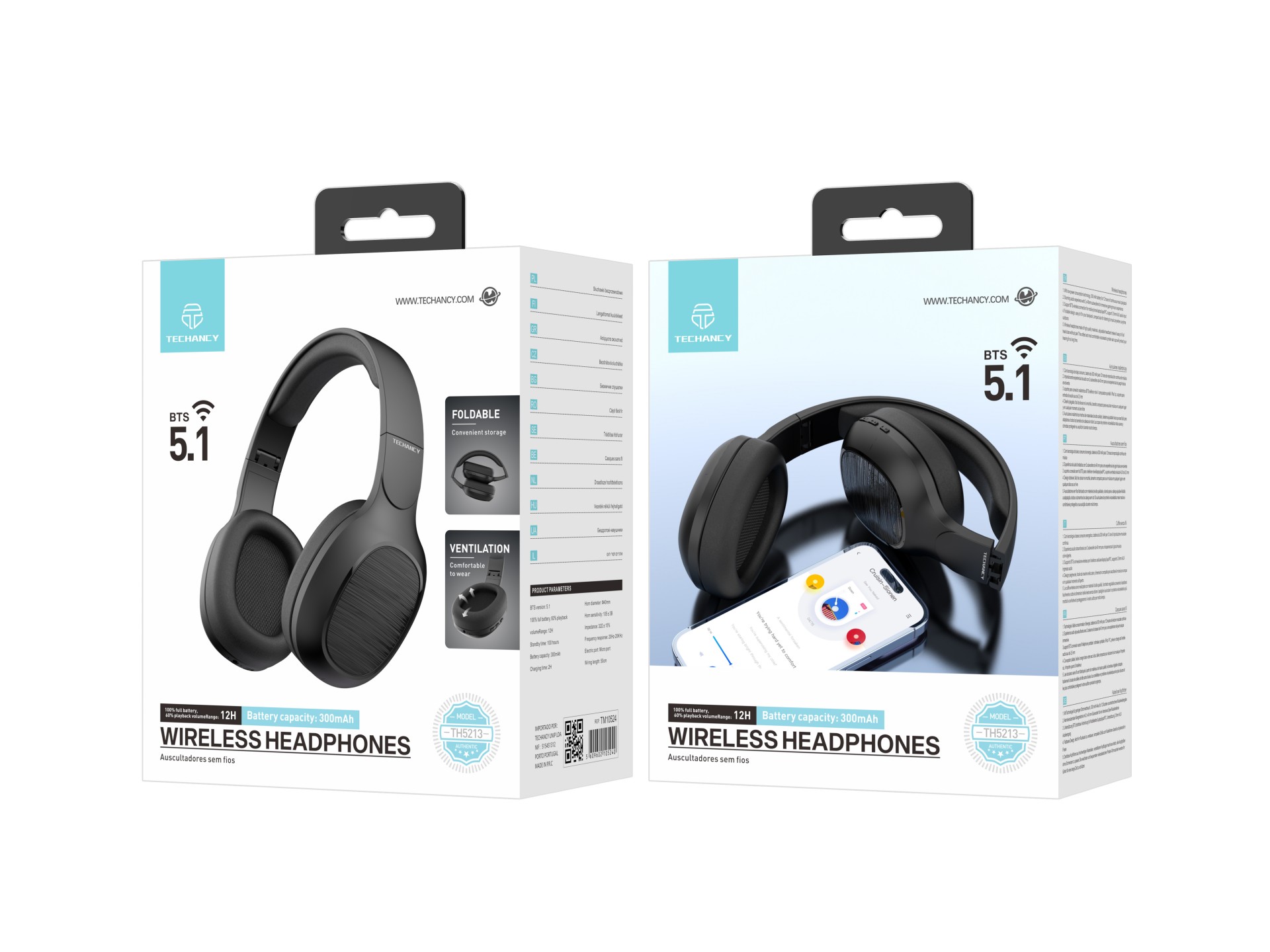 Techancy Auscultadores Sem Fios TH5213, Reprodução De Música 12h, Efeito Estéreo, Design Dobrável, C