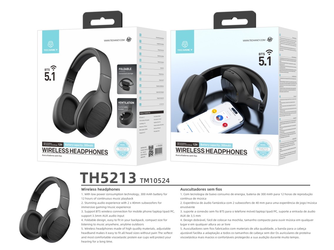 Techancy Wireless Headphones TH5213, 12h Music Playback, Stereo Effect, Foldable Design, Comfortable