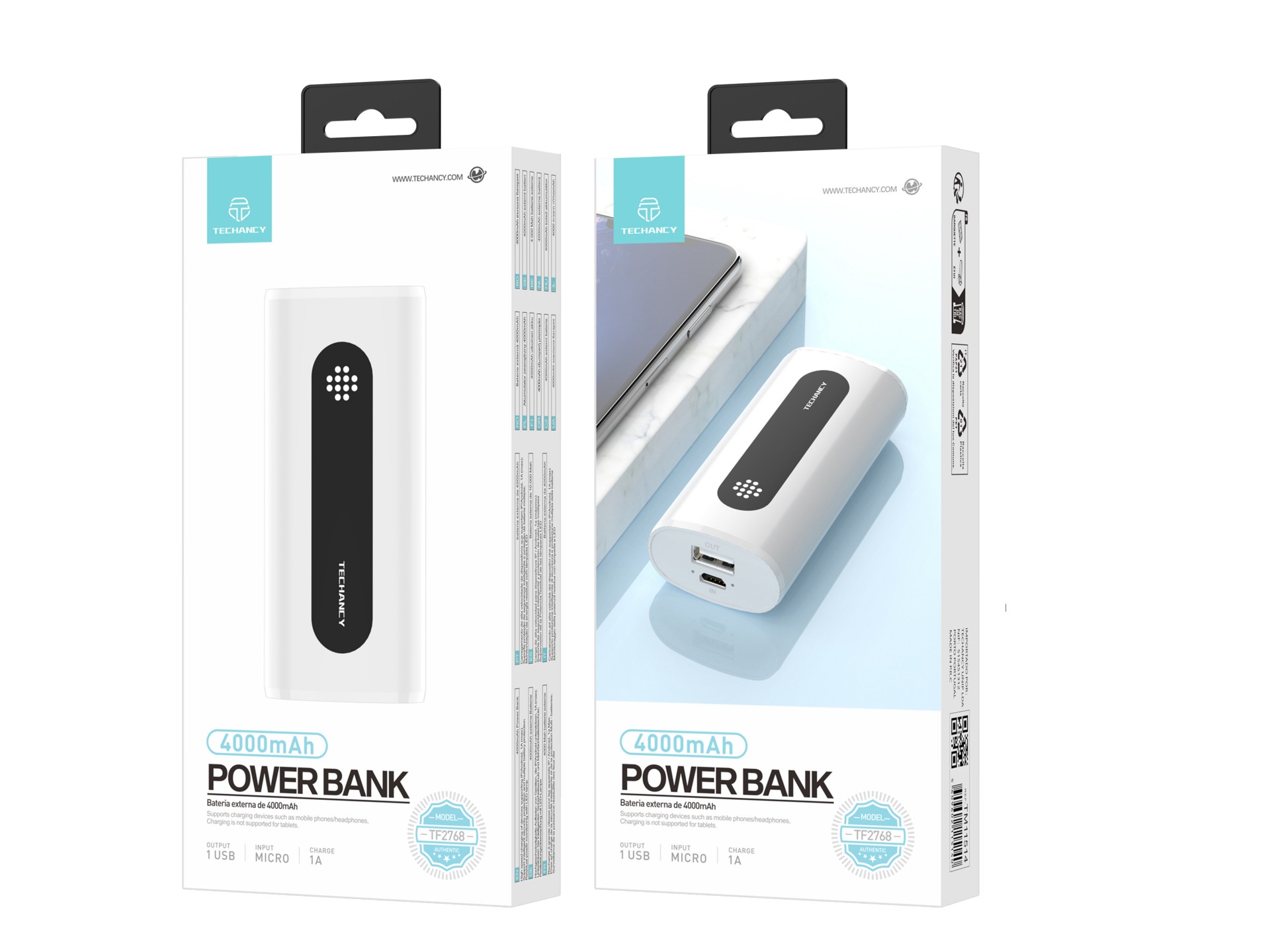 Techancy 4000mah Power Bank White TF2768, 1A Compatible Mobile Phone/Tablet Charging, Portable Power