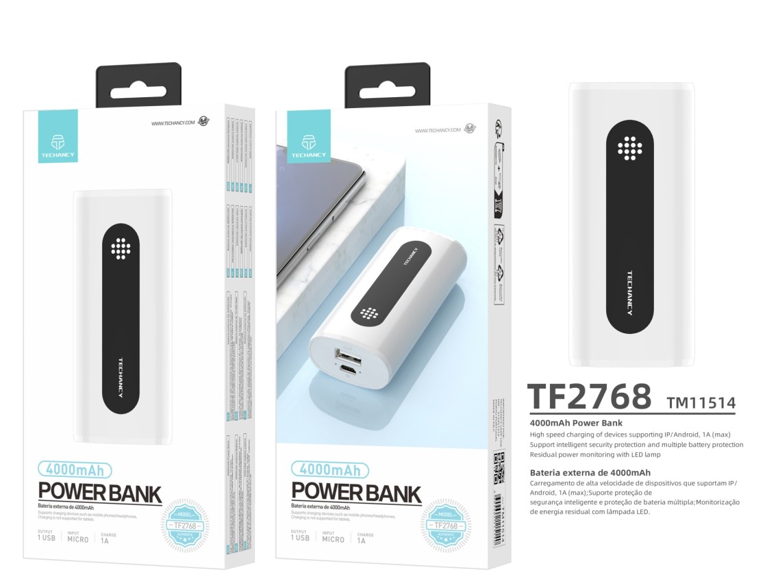 Techancy 4000mah Power Bank White TF2768, 1A Compatible Mobile Phone/Tablet Charging, Portable Power