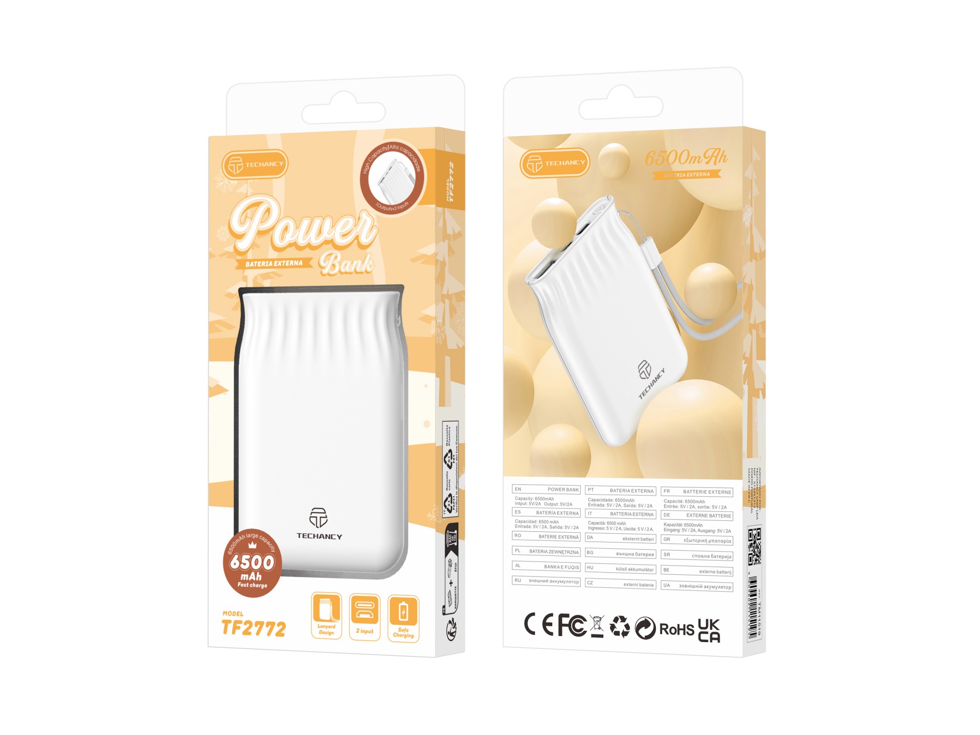 Techancy 6500mah Power Bank White TF2772, Mobile Phone/Tablet Charging Compatible with 2A, Portable