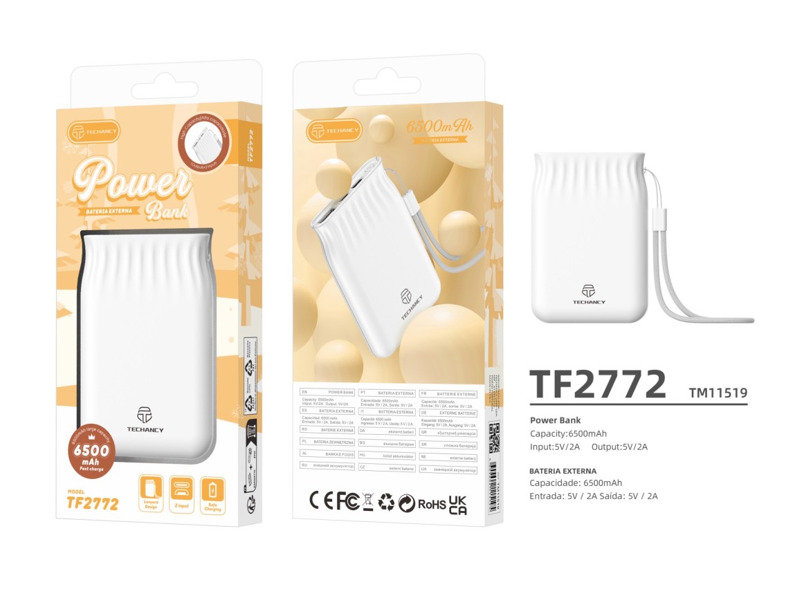 Techancy 6500mah Power Bank White TF2772, Mobile Phone/Tablet Charging Compatible with 2A, Portable
