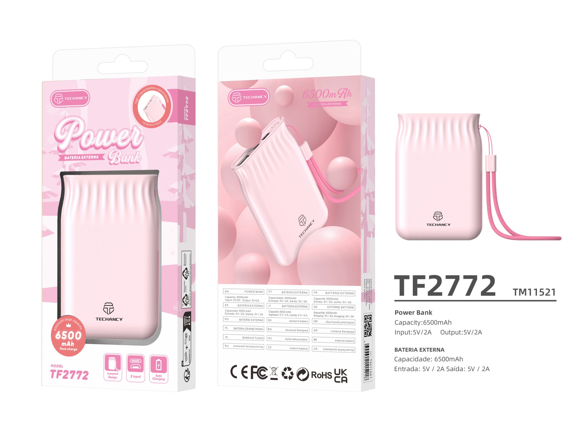 Techancy 6500mah Power Bank Pink TF2772, Mobile Phone/Tablet Charging Compatible with 2A, Portable P
