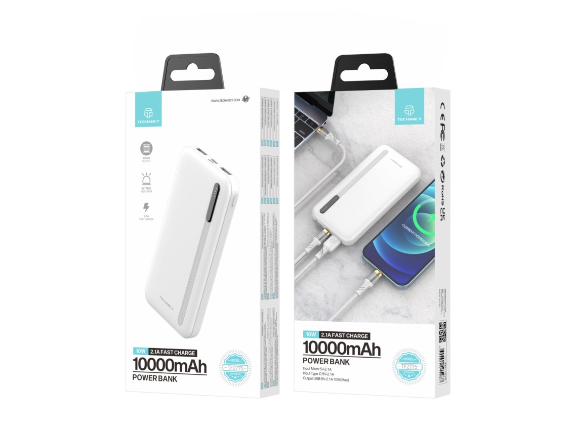 Techancy Power Bank 10000mah White TF2775, Carregamento Rápido De 10w Para Smartphones, Tablets E M