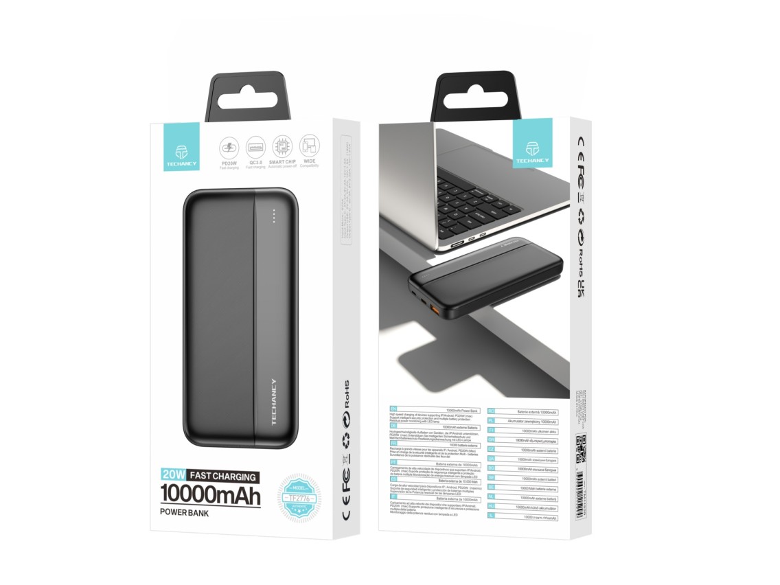Techancy Power Bank 10000mah Preto TF2776, Carregamento Rápido Pd20w Para Smartphones, Tablets E Mui