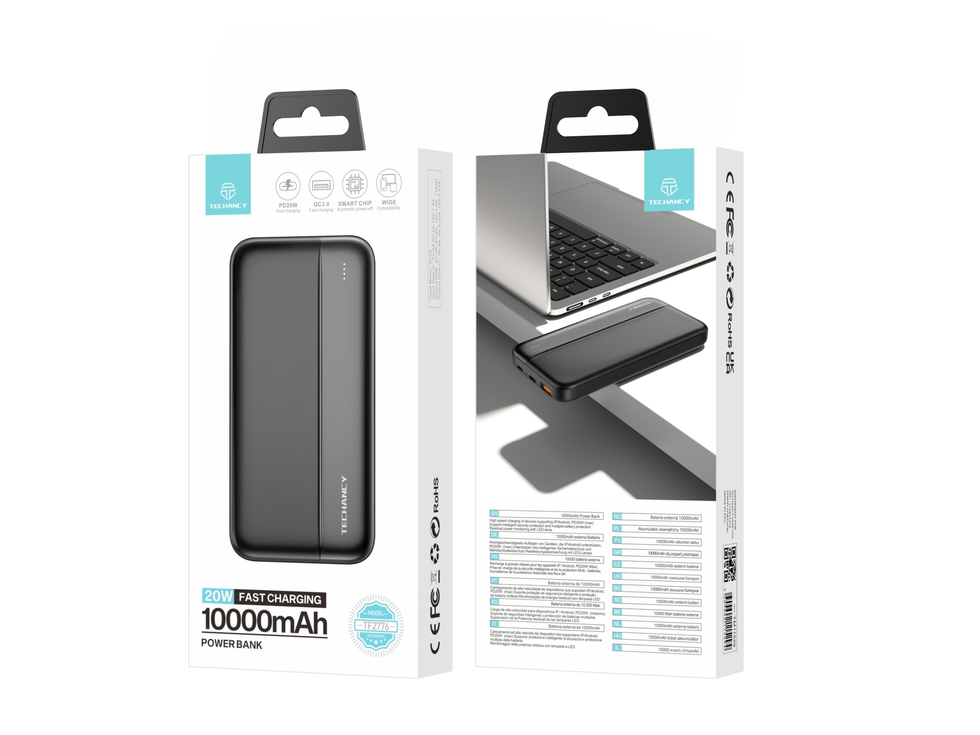 Techancy Power Bank 10000mah Black TF2776, Fast Charging Pd20w For Smartphones, Tablets And More!
