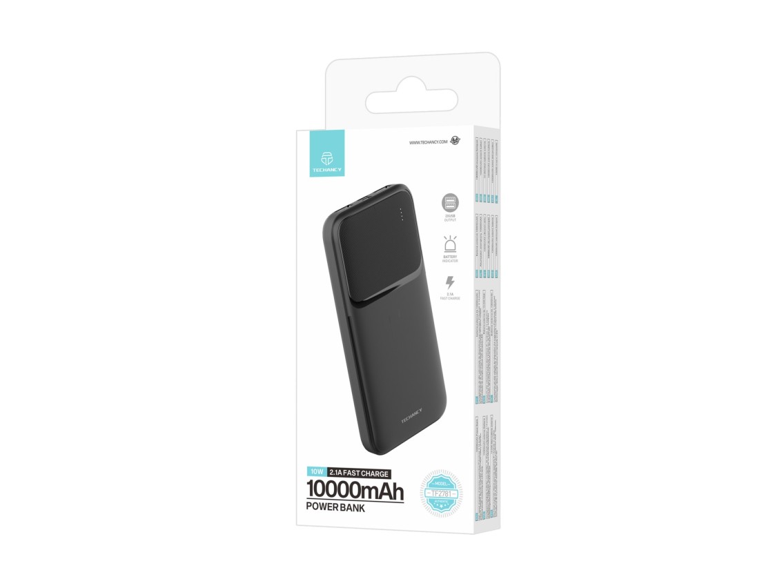 Techancy Power Bank 10000mah Preto TF2781, Carregamento Rápido De 10w Para Smartphones, Tablets E Mu