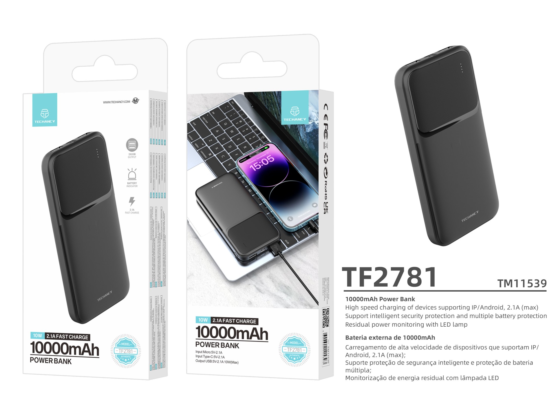 Techancy Power Bank 10000mah Preto TF2781, Carregamento Rápido De 10w Para Smartphones, Tablets E Mu