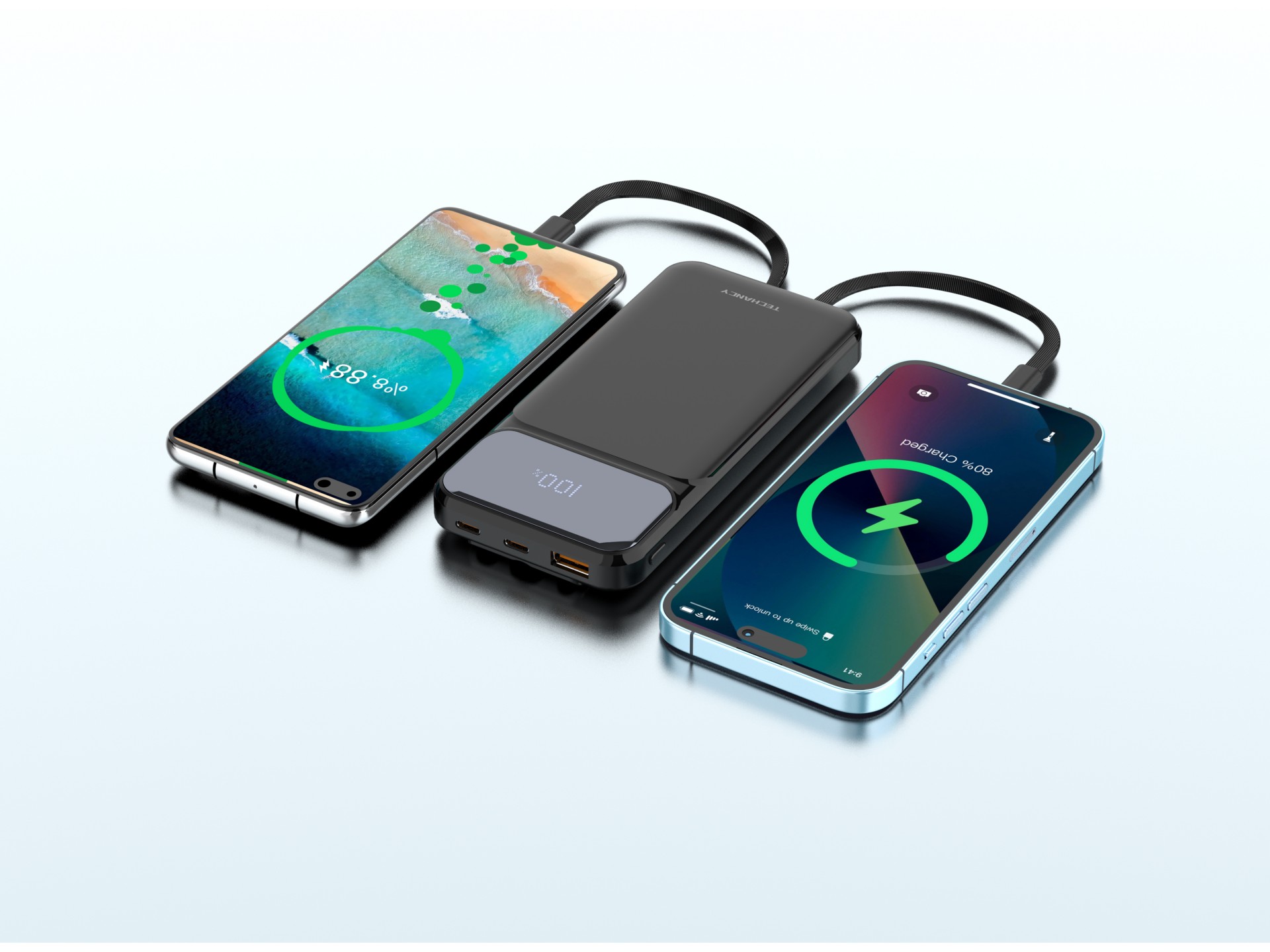 Techancy Power Bank 10000 Mah 22.5w TF2782, Type-C+Lightning+ Usb 3in1 Charging Cable, Digital Power