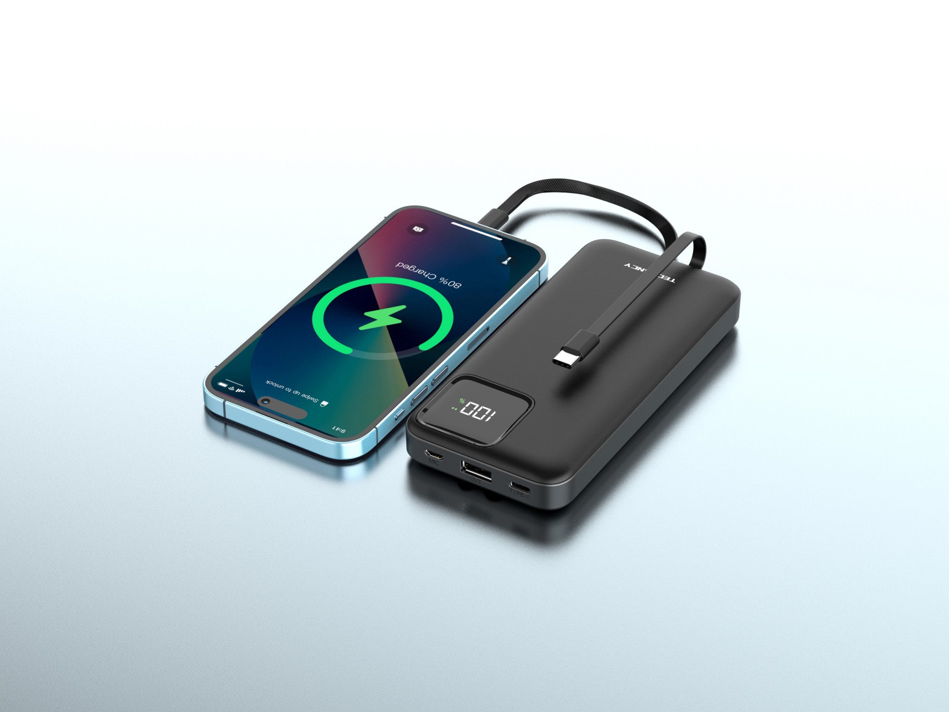 Techancy Mobile Power 10000mah 2.4a Charging TF2783, 2-in-1 USB C+IP Charging Cable, Digital Power D