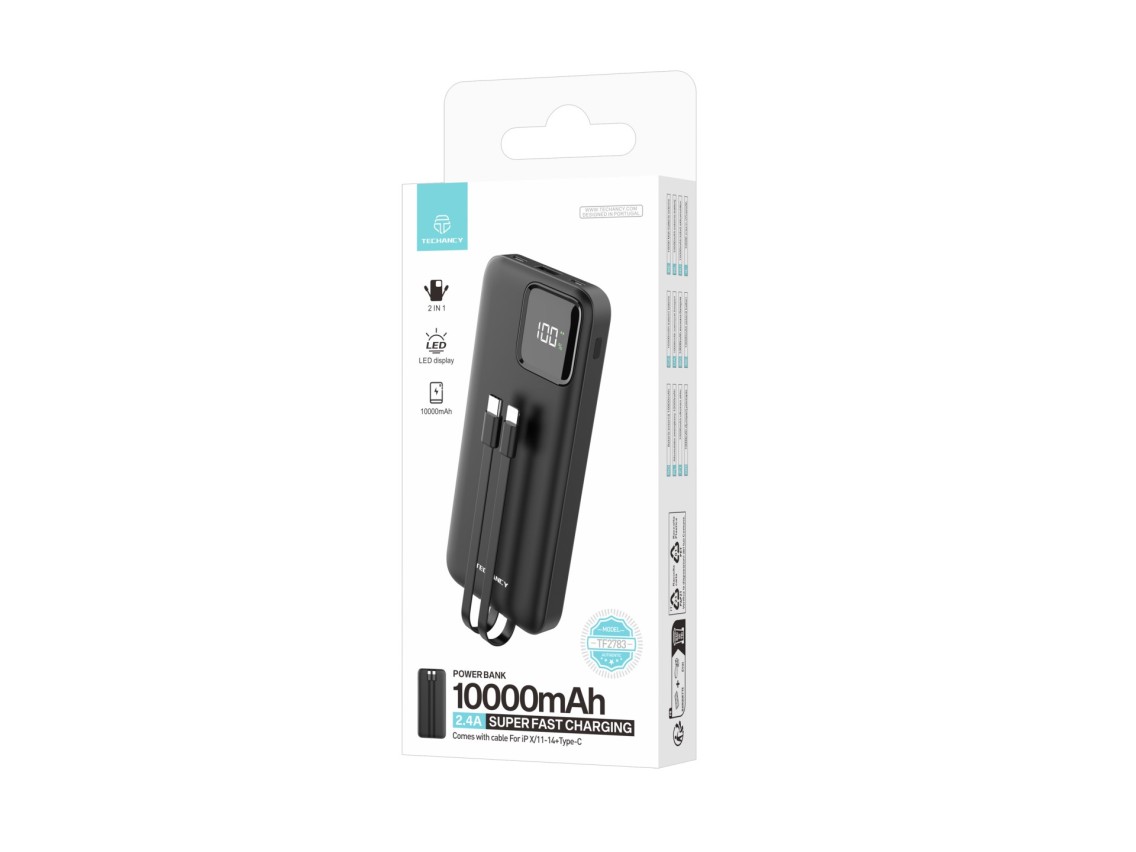 Techancy Mobile Power 10000mah 2.4a Charging TF2783, 2-in-1 USB C+IP Charging Cable, Digital Power D