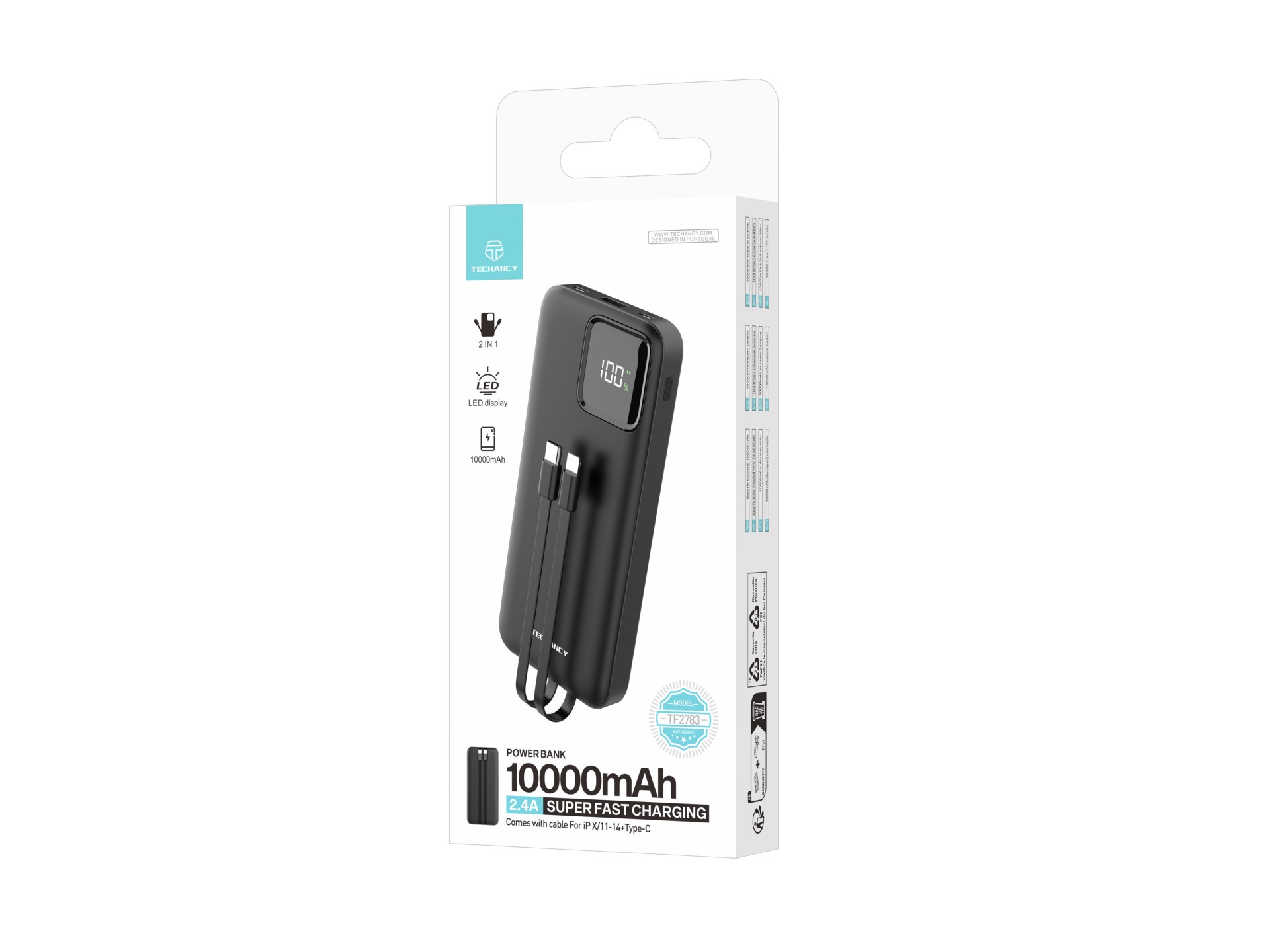Techancy Mobile Power 10000mah 2.4a Charging TF2783, 2-in-1 USB C+IP Charging Cable, Digital Power D
