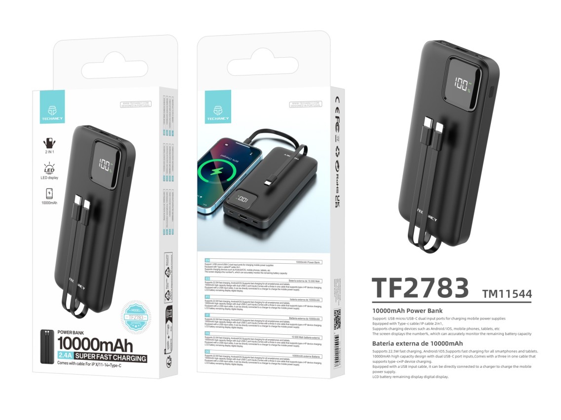 Techancy Mobile Power 10000mah 2.4a Charging TF2783, 2-in-1 USB C+IP Charging Cable, Digital Power D