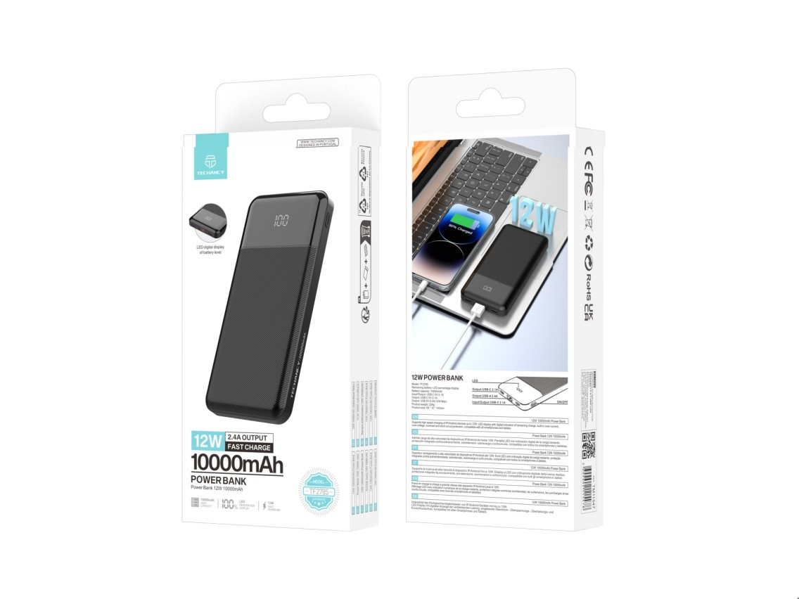 Techancy Power Bank TF2785 10000mAh Fast Charging 12W Output 2.4A LED Display Compatible with iPhone