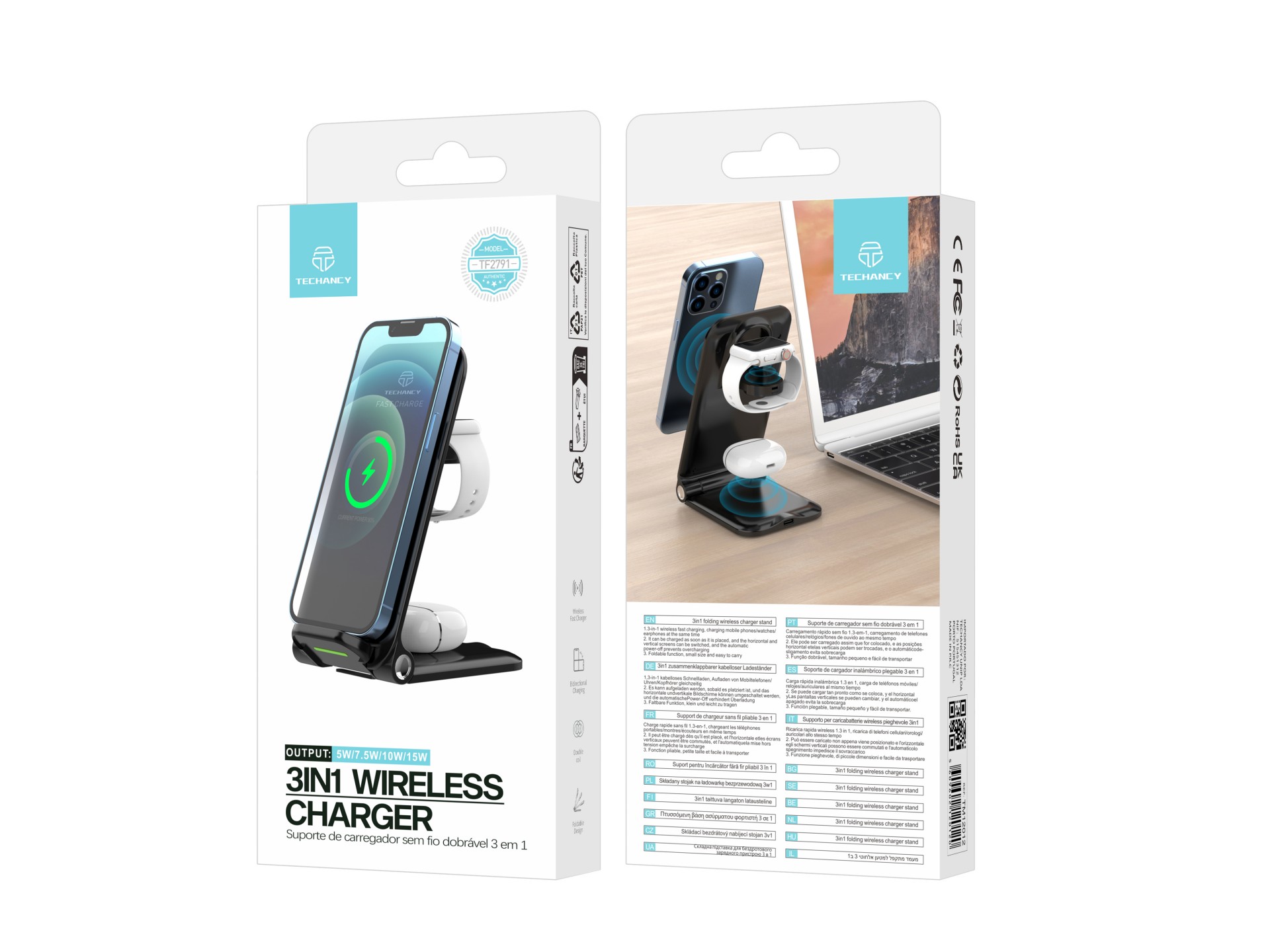 Techancy 3-in-1 Wireless Charger TF2791, 15W Foldable Charging Dock, Compatible with iPhone and Appl
