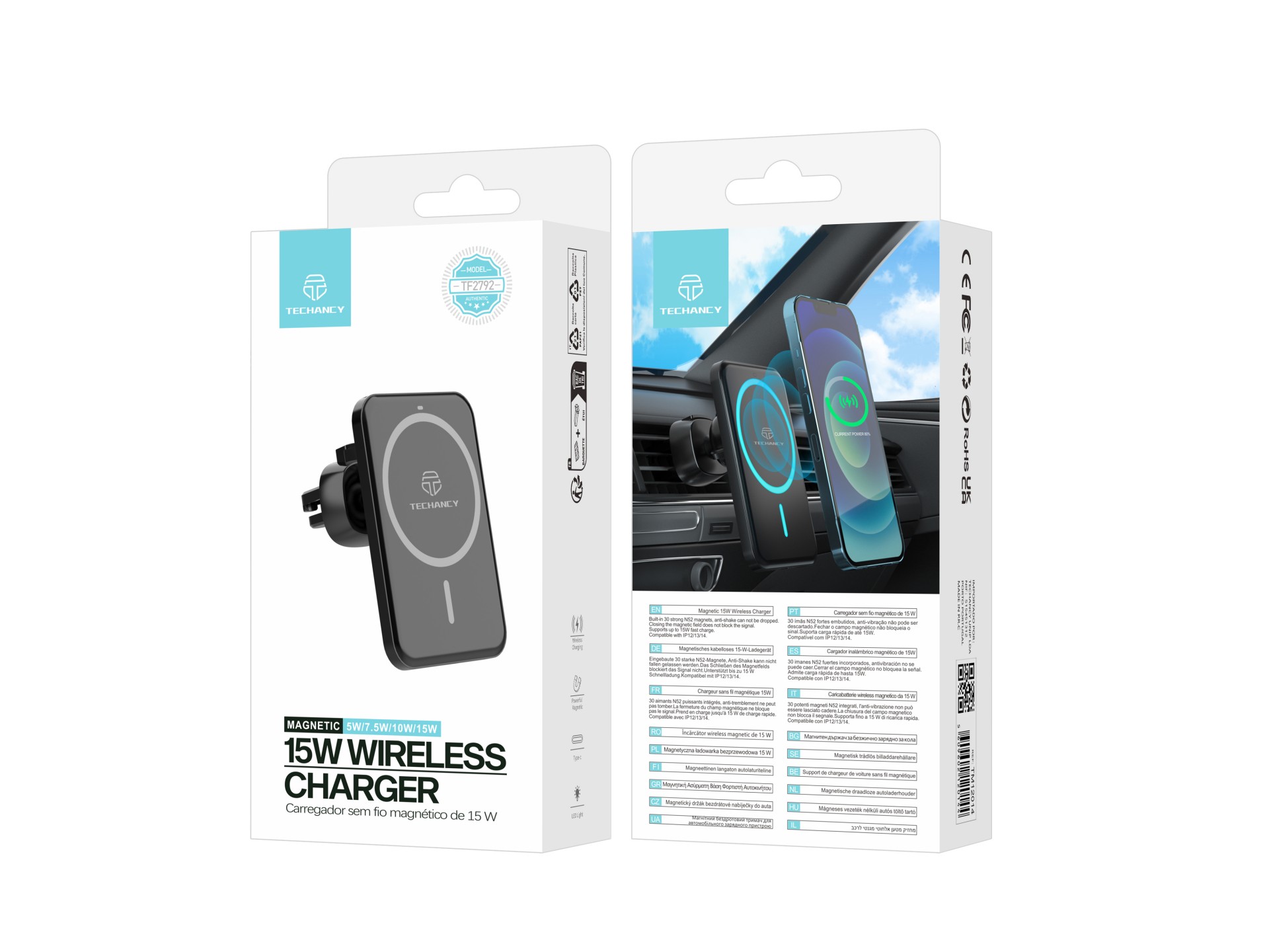 Techancy Magnetic Wireless Charger TF2792, 15w, Black, Compatible with iPhone 12 and Higher, Compati