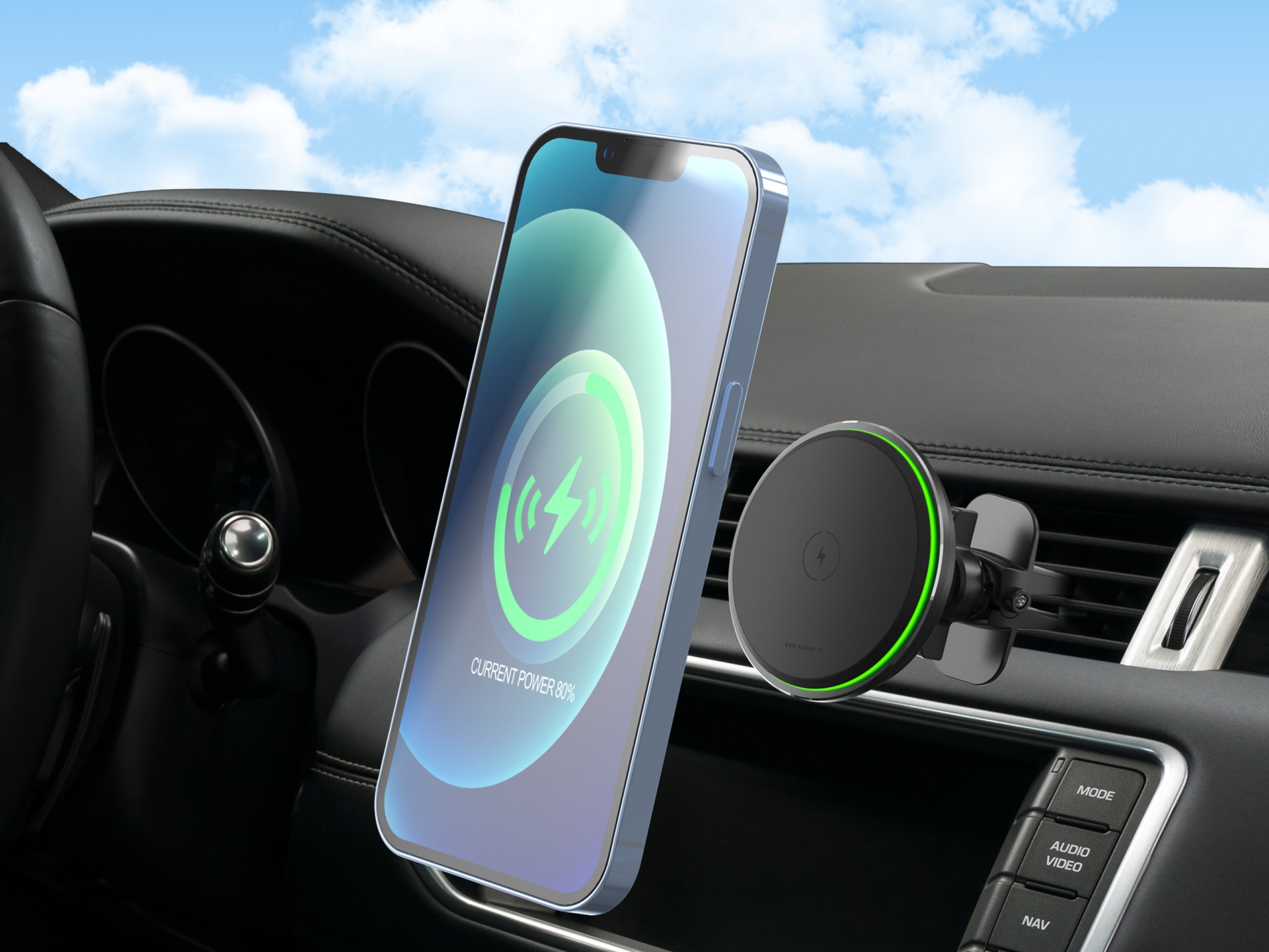 Techancy Suporte Para Telemóvel Com Carregador Sem Fios Para Automóvel TF2794, Carregamento Sem Fio
