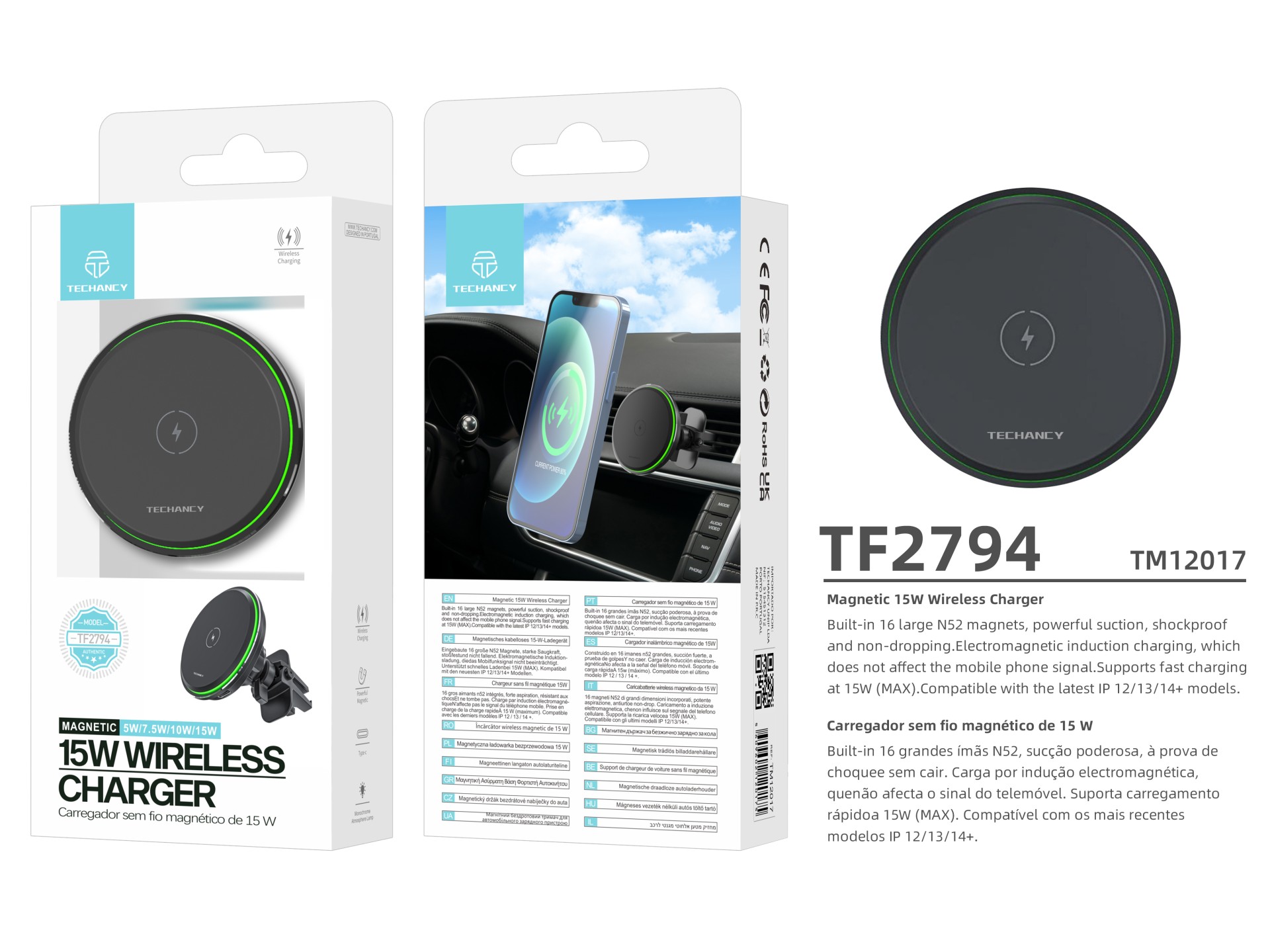 Techancy Suporte Para Telemóvel Com Carregador Sem Fios Para Automóvel TF2794, Carregamento Sem Fio