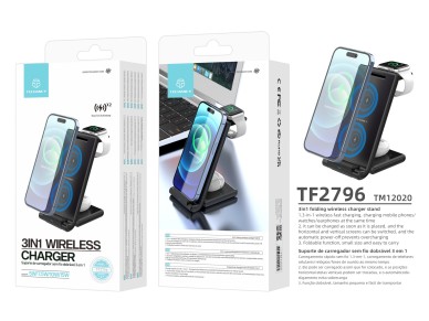 Techancy Carregador Sem Fios 3 Em 1 De 15W TF2796, Compat�vel Com Telem�veis Com Ecr� Dobr�vel, Ausc