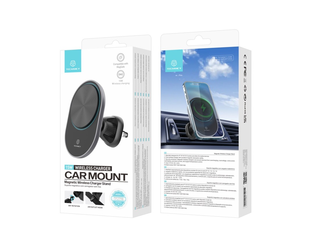 Techancy Suporte Magnético Para Telemóvel Com Carregador Sem Fios TF2798 Preto, Compatível Com Magsa