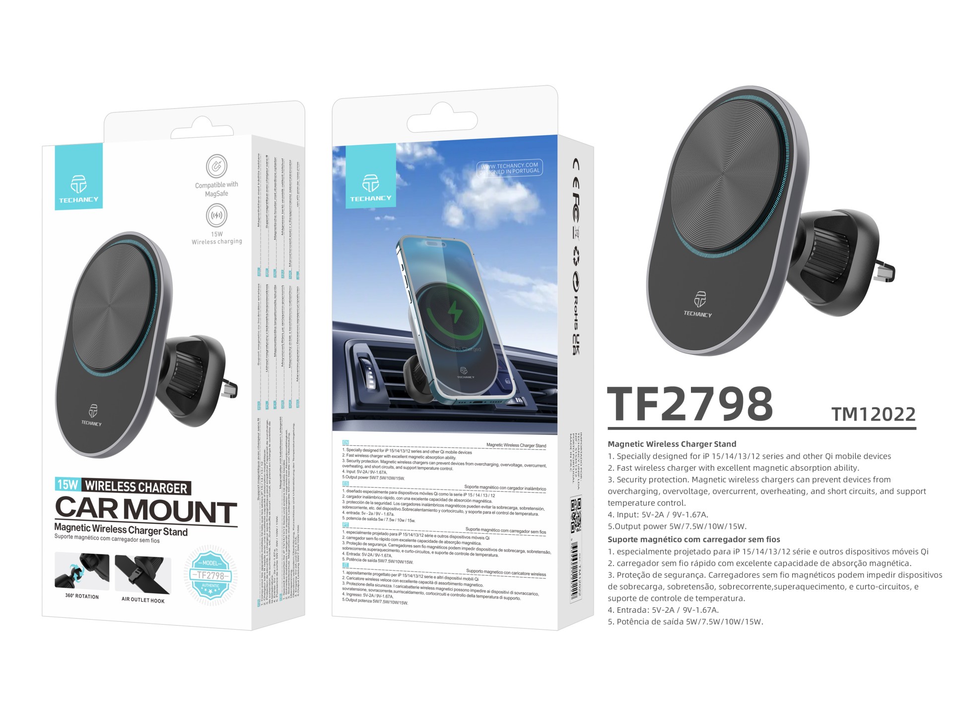 Techancy Suporte Magnético Para Telemóvel Com Carregador Sem Fios TF2798 Preto, Compatível Com Magsa