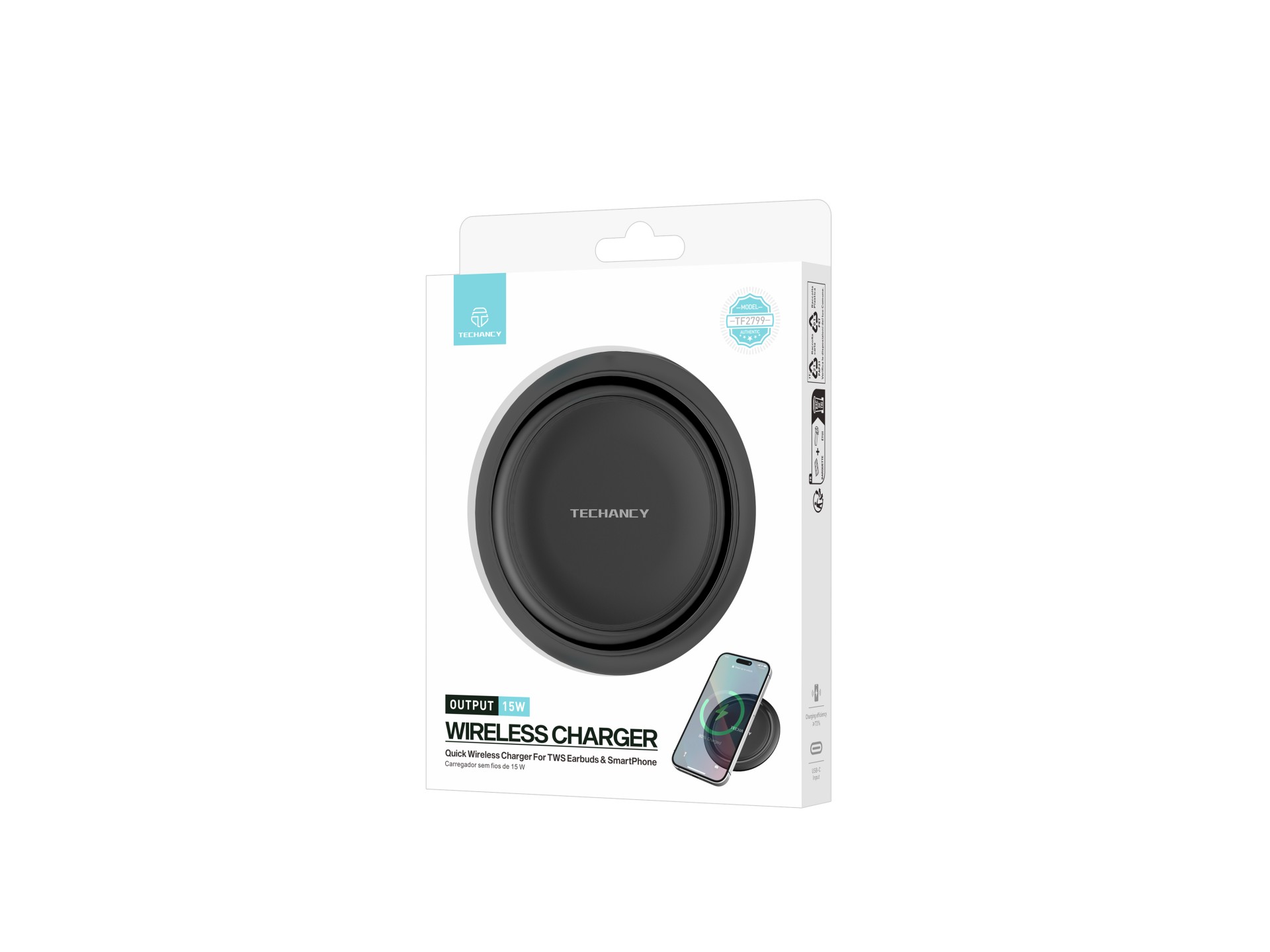 Techancy Wireless Charger 15W TF2799, compatible with various brands of smartphones, fast and safe c