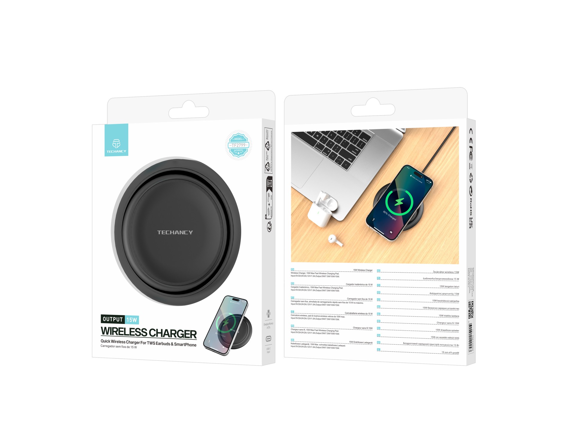 Techancy Wireless Charger 15W TF2799, compatible with various brands of smartphones, fast and safe c