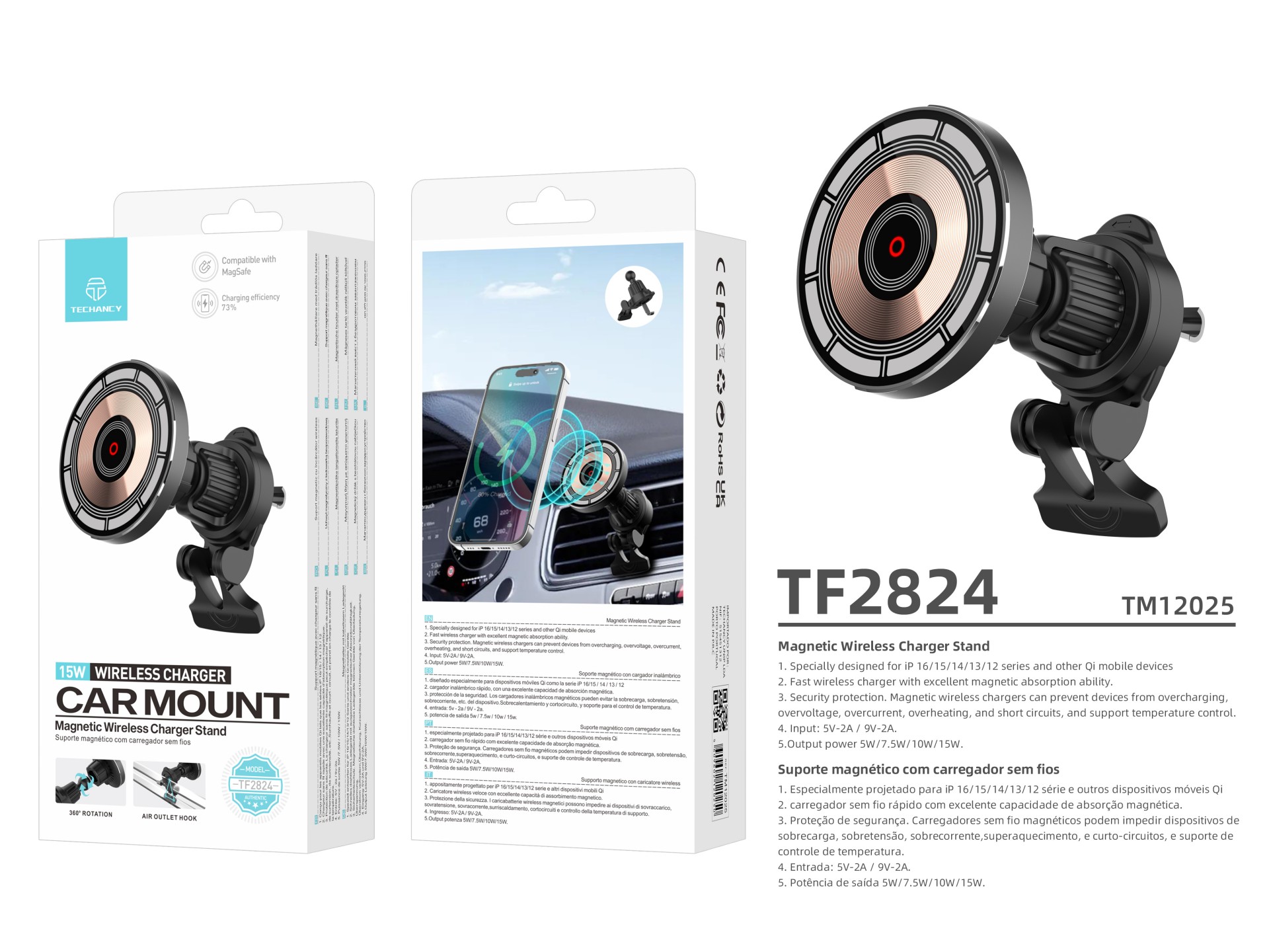 Techancy Suporte Magnético com Carregador Sem Fios 15W TF2824 Preto, Compatível com MagSafe, Rotação