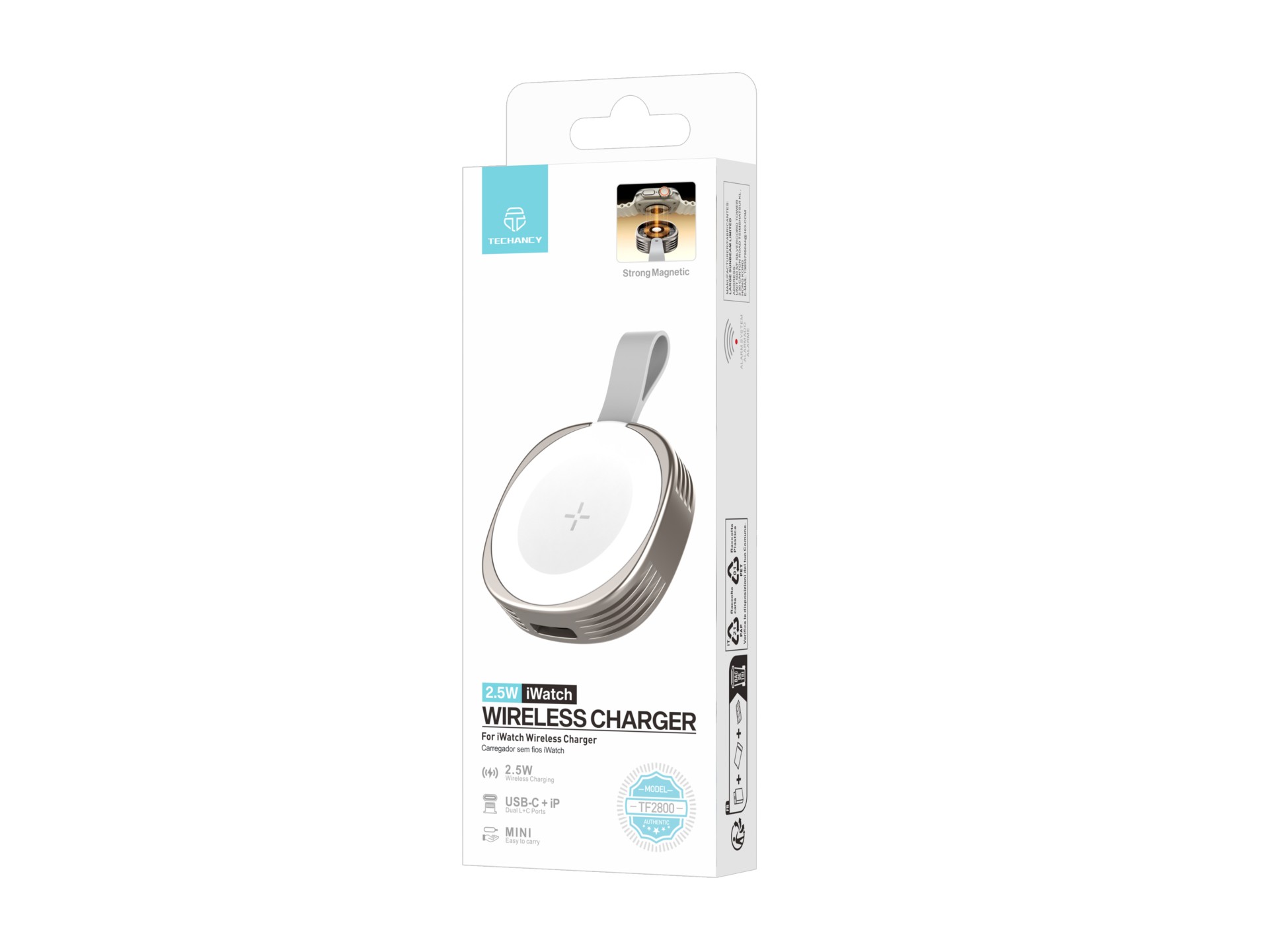 Techancy iWatch TF2800 2.5W Wireless Charger, strong magnet, USB-C/Lightning, compact, compatible wi