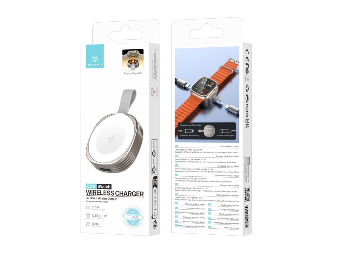 Techancy iWatch TF2800 2.5W Wireless Charger, strong magnet, USB-C/Lightning, compact, compatible wi