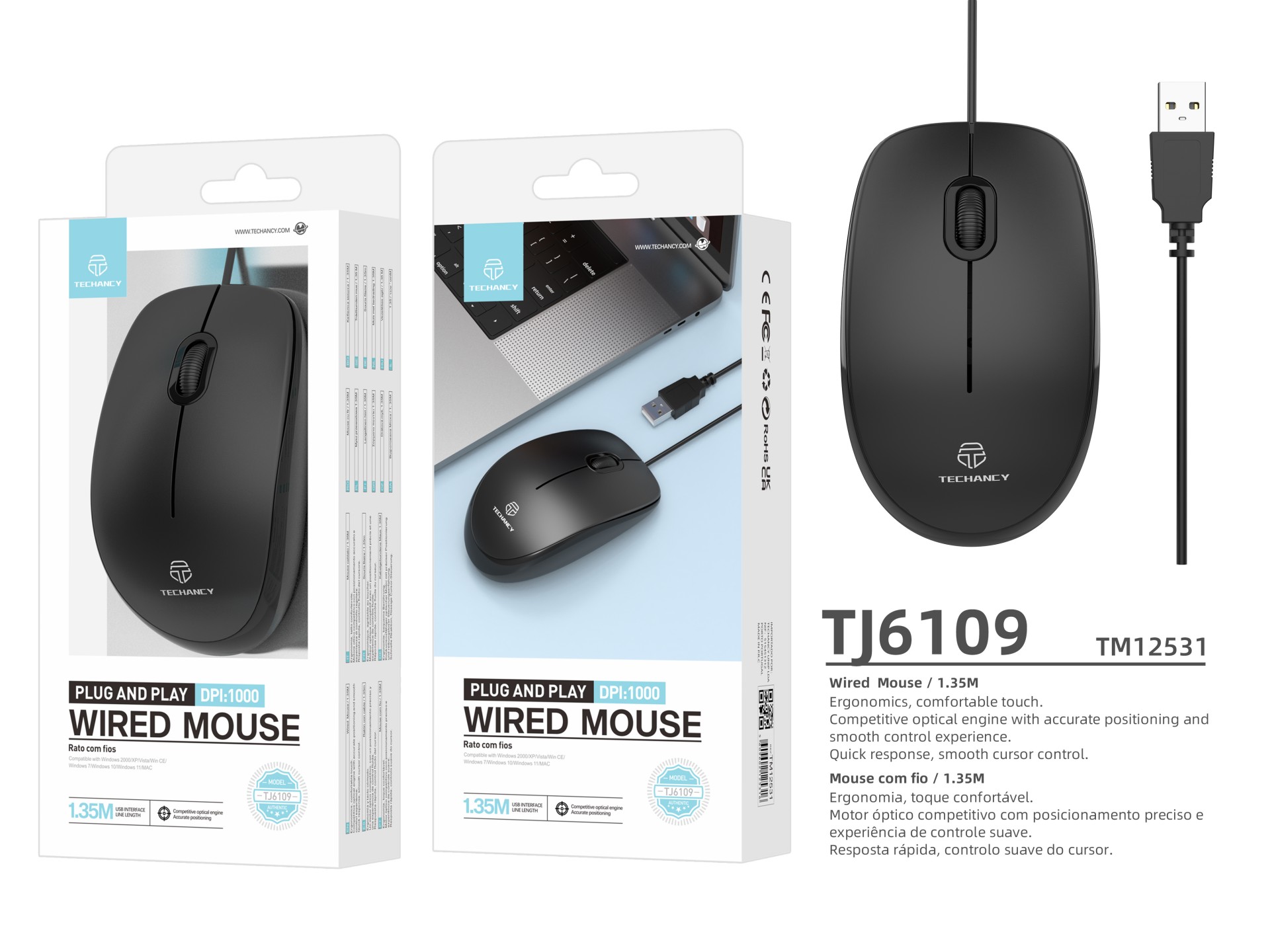 Techancy Wired USB Mouse Black TJ6109, 1.35 M Plug And Play, 1000 dpi, Ergonomic Design of Non-Slip
