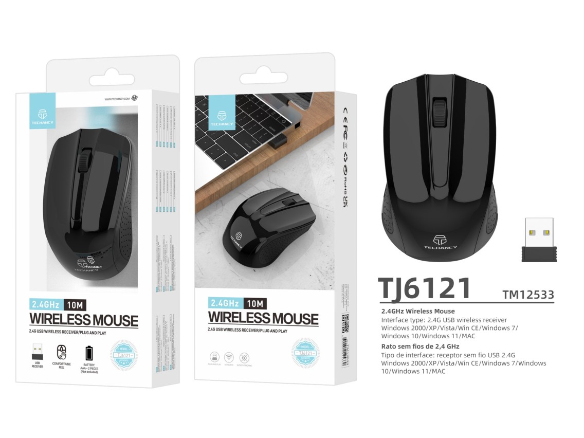Techancy 2.4g Wireless Mouse Black TJ6121, 10m Wireless Distance, Plug and Play, Compatible with PC/