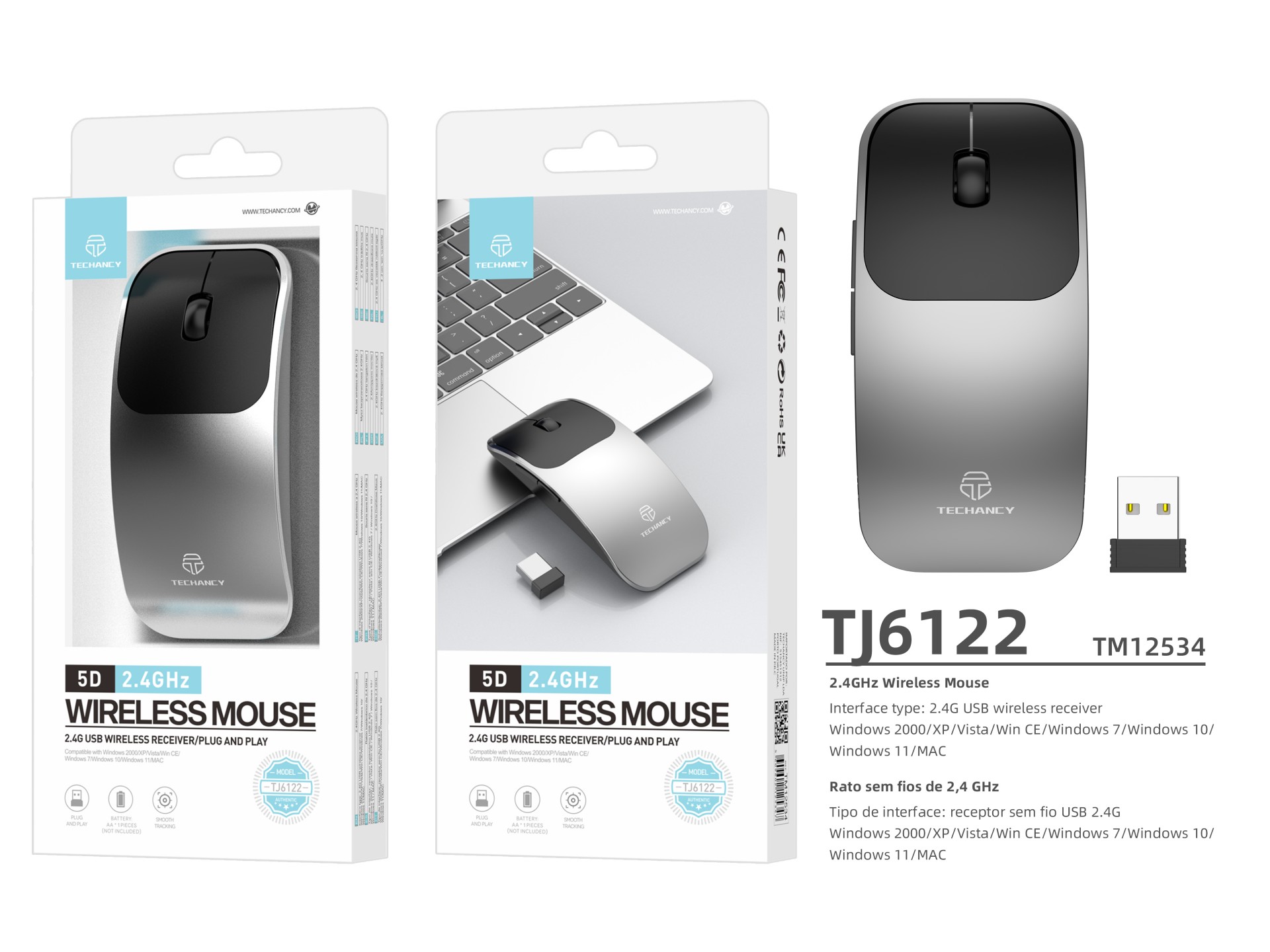 Techancy TJ6122 2.4G Wireless Mouse, Slim Design with 5D Buttons for Easily Carrying on the Go, Comp
