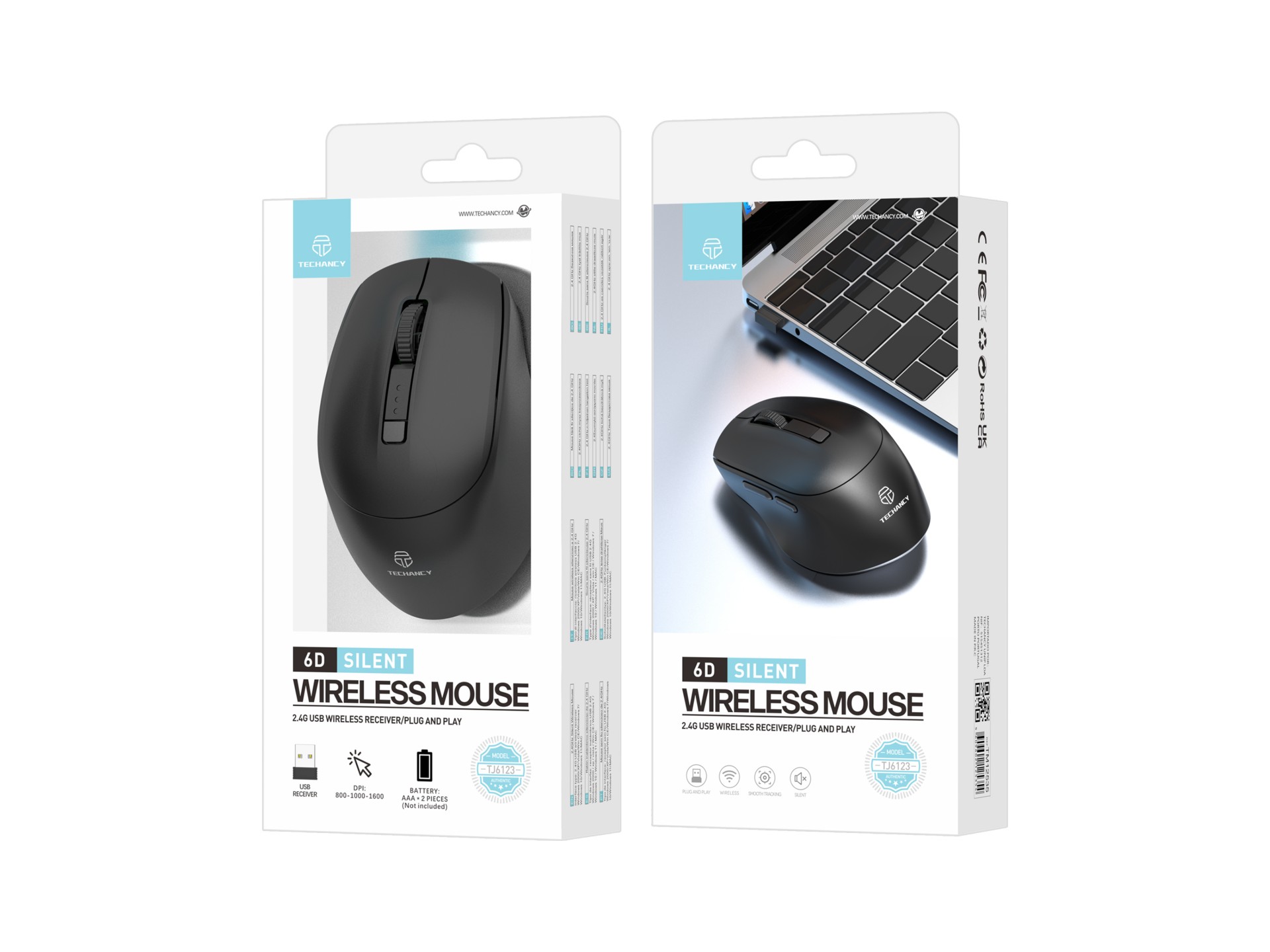 Techancy Wireless Mouse 2.4g Black TJ6123, Adjustable DPI (800-1600) 6d Silent Buttons, Compatible w