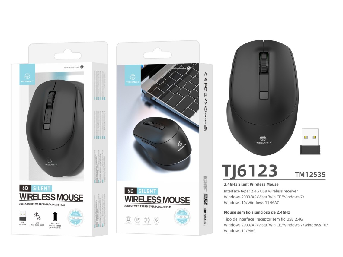 Techancy Rato Sem Fios 2.4g Preto TJ6123, Dpi Ajustável (800-1600) 6d Botões Silenciosos, Compatível
