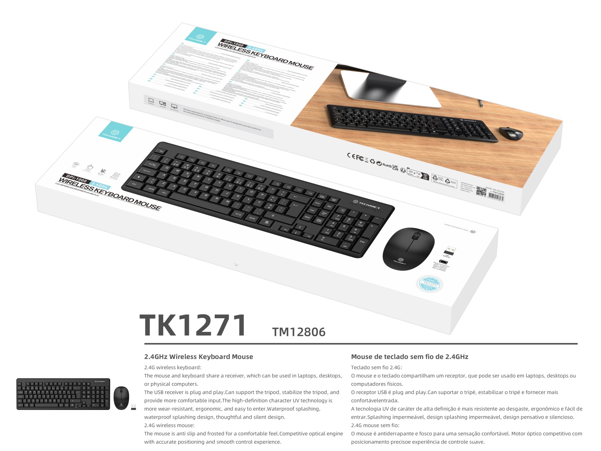 Techancy 2.4g Wireless Keyboard and Mouse Kit Black TK1271, Keys in Portuguese + English, Silent Key