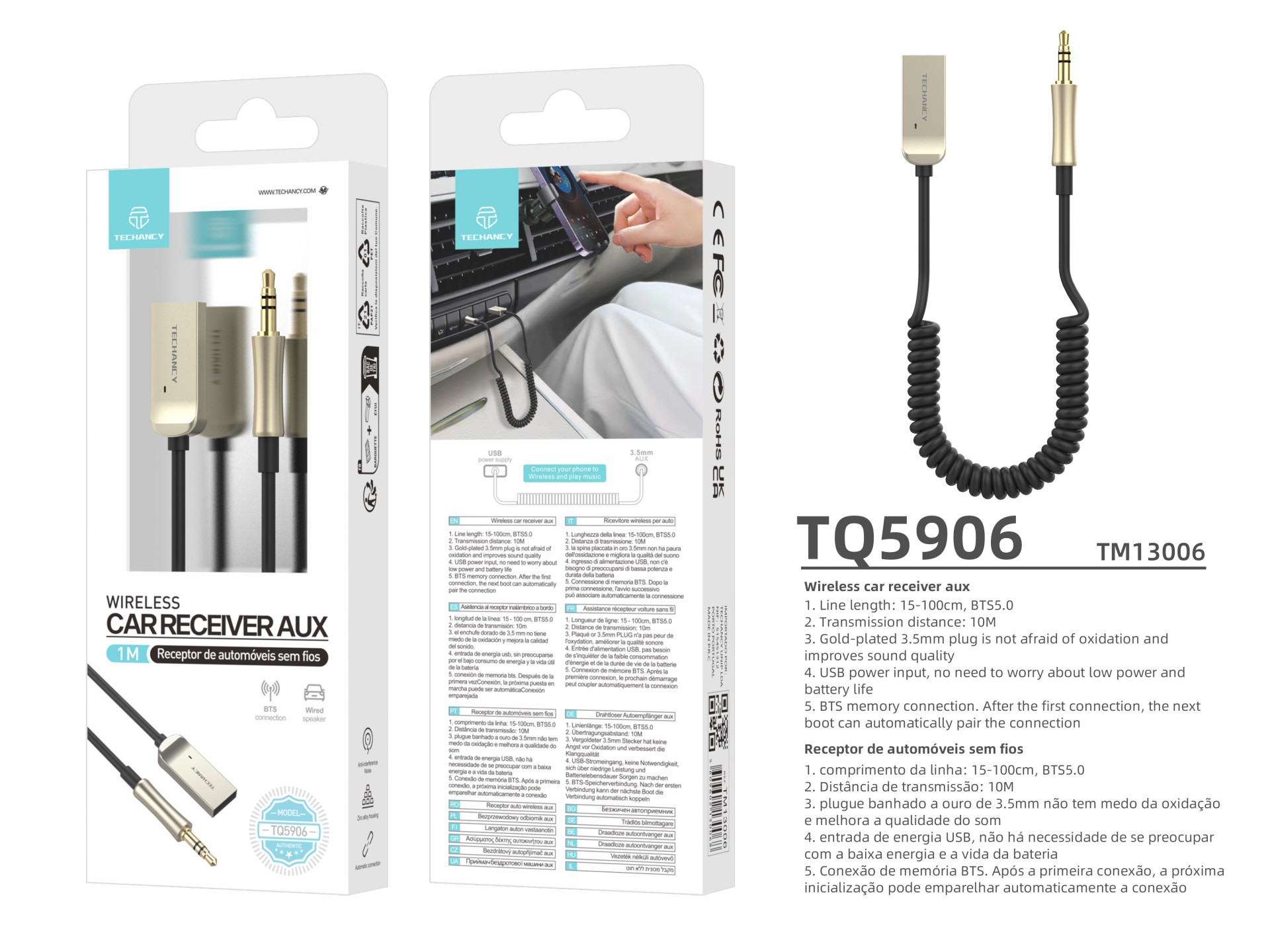 Techancy Recetor De Automóvel Sem Fios TQ5906, Ligação De Memória Bluetooth 5.0, Recetor De Áudio AU