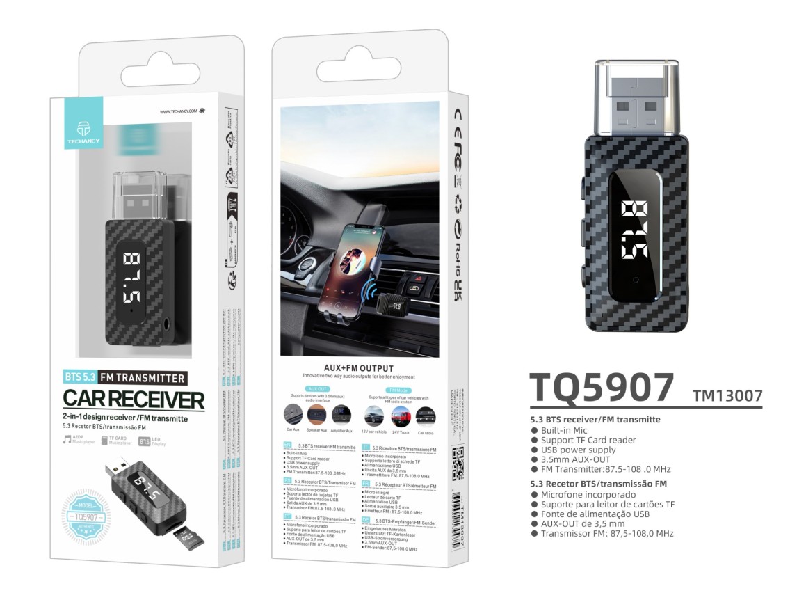 Techancy Bts 5.3 Fm Receiver/Transmitter Tq5907, Supports Tf Card Reading, Usb Power Supply, 3.5mm A