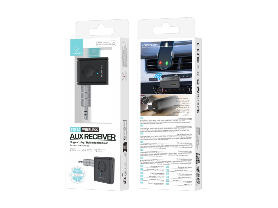 Techancy TQ5908 Wireless AUX Receiver Bluetooth 5.3, Car Audio, Home Sound, Headphones, Compact and 