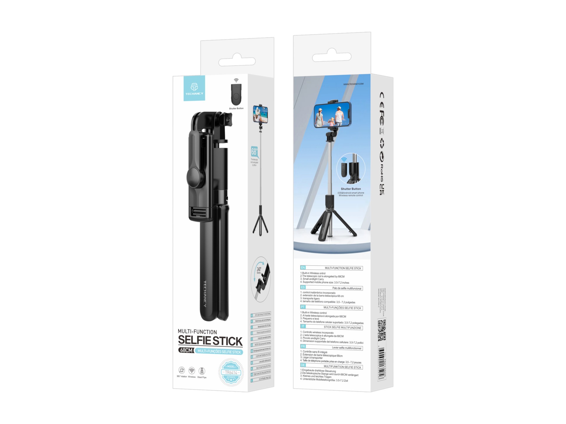 Techancy Bastão De Selfie Multifuncional TR6414, Controlo Sem Fios, 68cm Retrátil, Compacto E Fácil