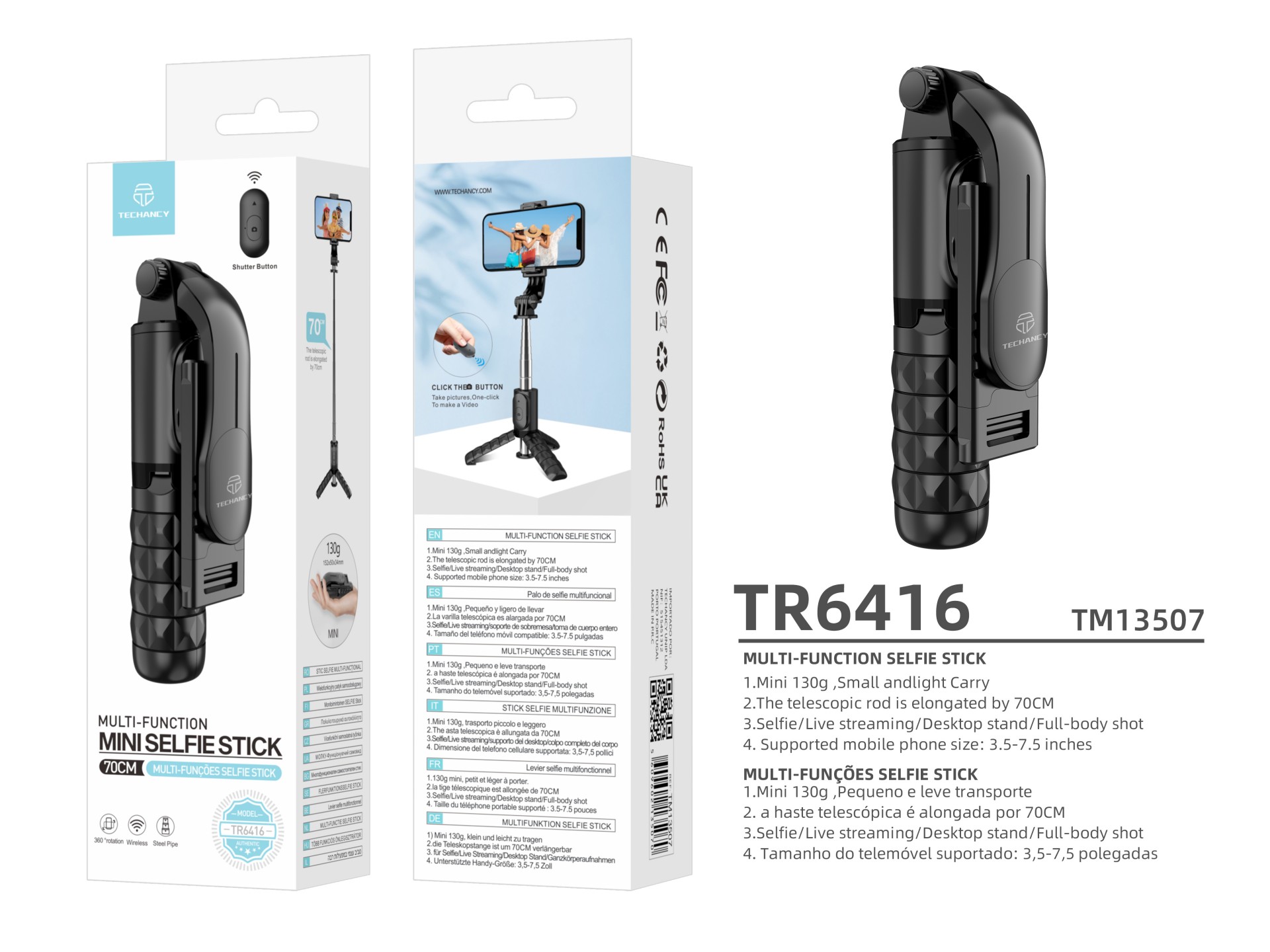 Techancy Mini selfie stick multifunções, TR6416, com controlo sem fios, suporte triangular, fácil de