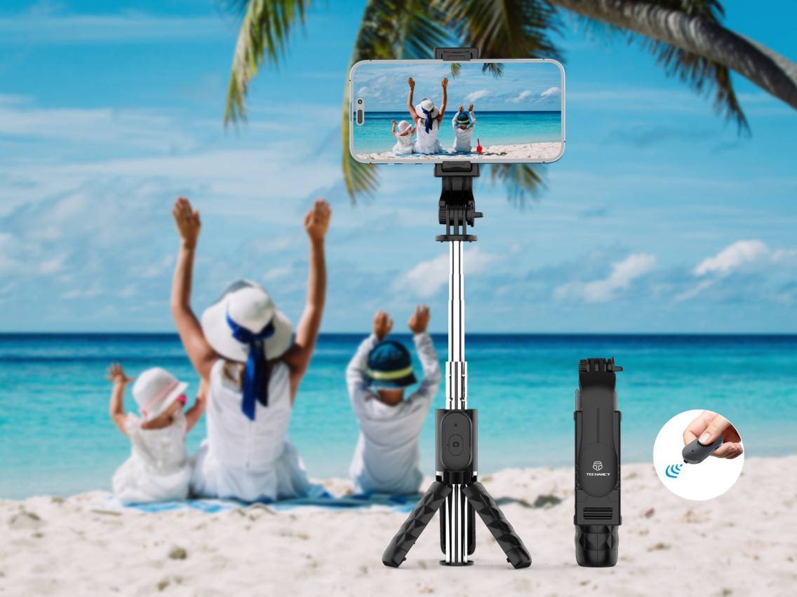 Techancy Mini selfie stick multifunções, TR6416, com controlo sem fios, suporte triangular, fácil de