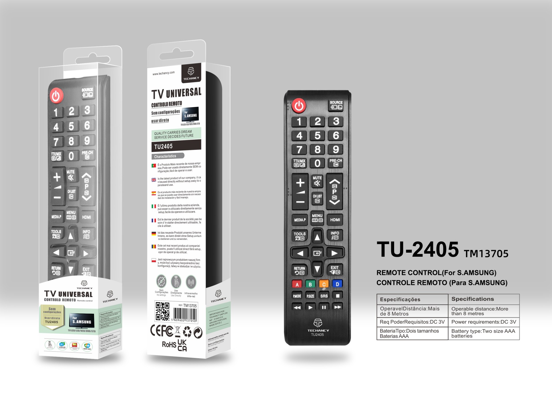 Techancy Controlo Remoto Do Televisor TU2405, Alcance Sem Fios De 8m, Compatível Com Televisores Sa